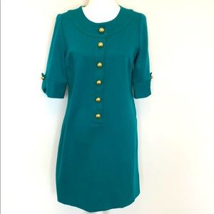 Shoshanna Teal Stretch Gold Button Dress Size 10